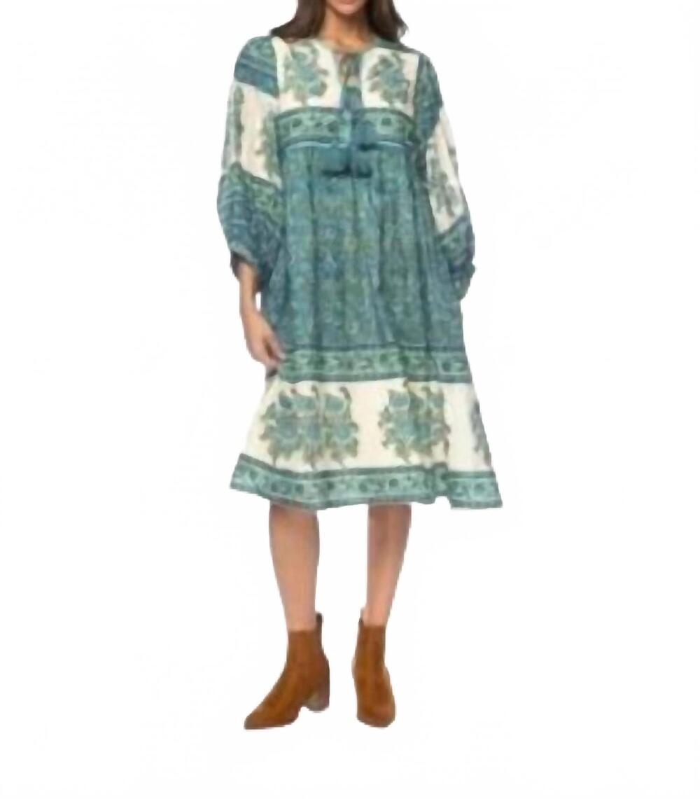 NEW MAHILA block print puff sleeve dress in green